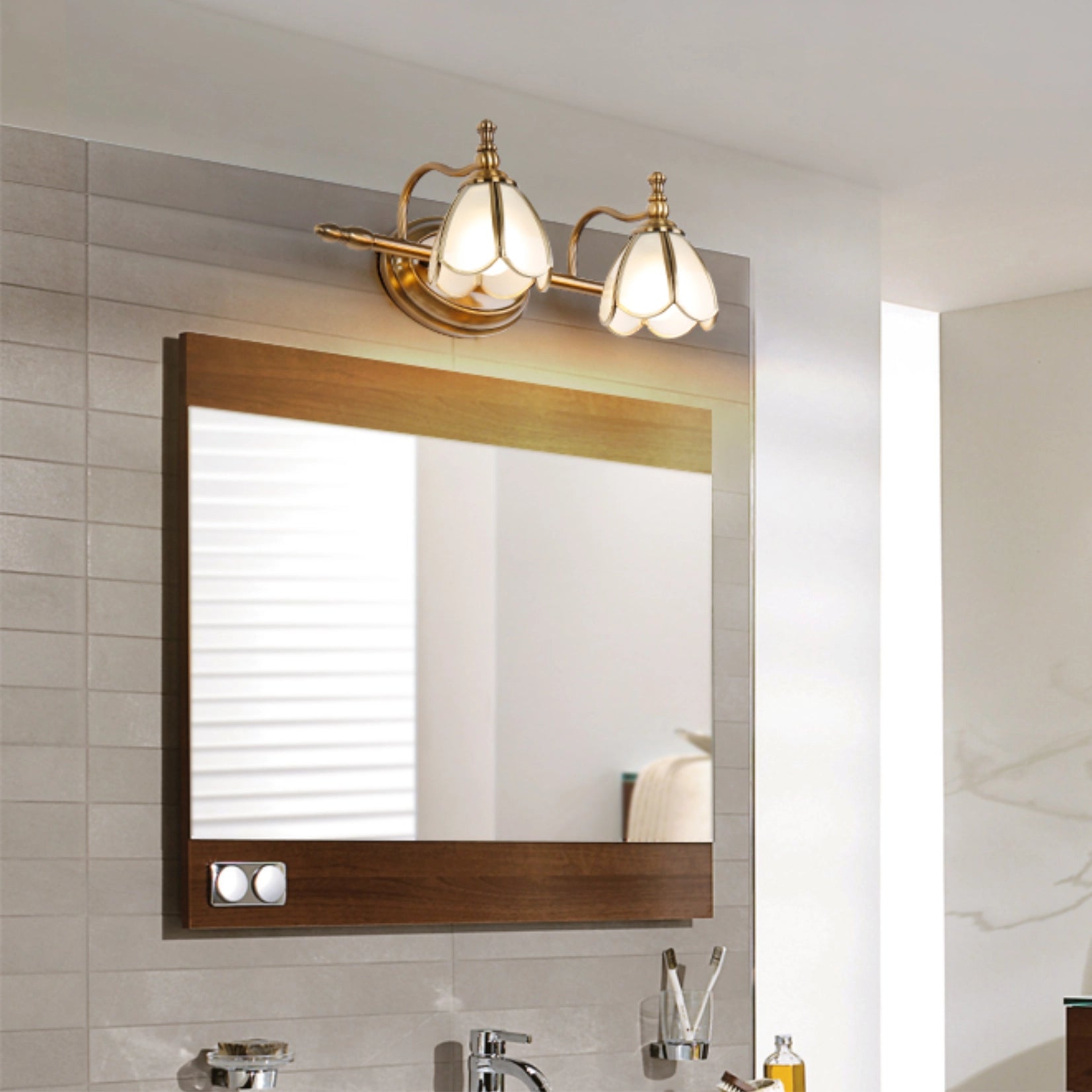 Brass Gold Vanity Light with Glass Shade for Bathroom