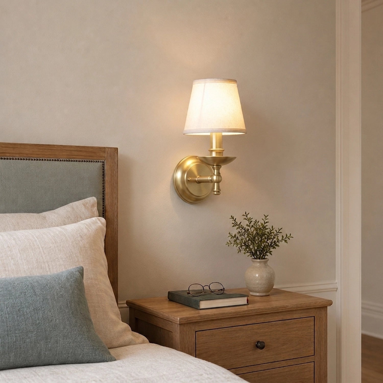 Classic Solid Brass Wall Sconce with White Fabric Shade