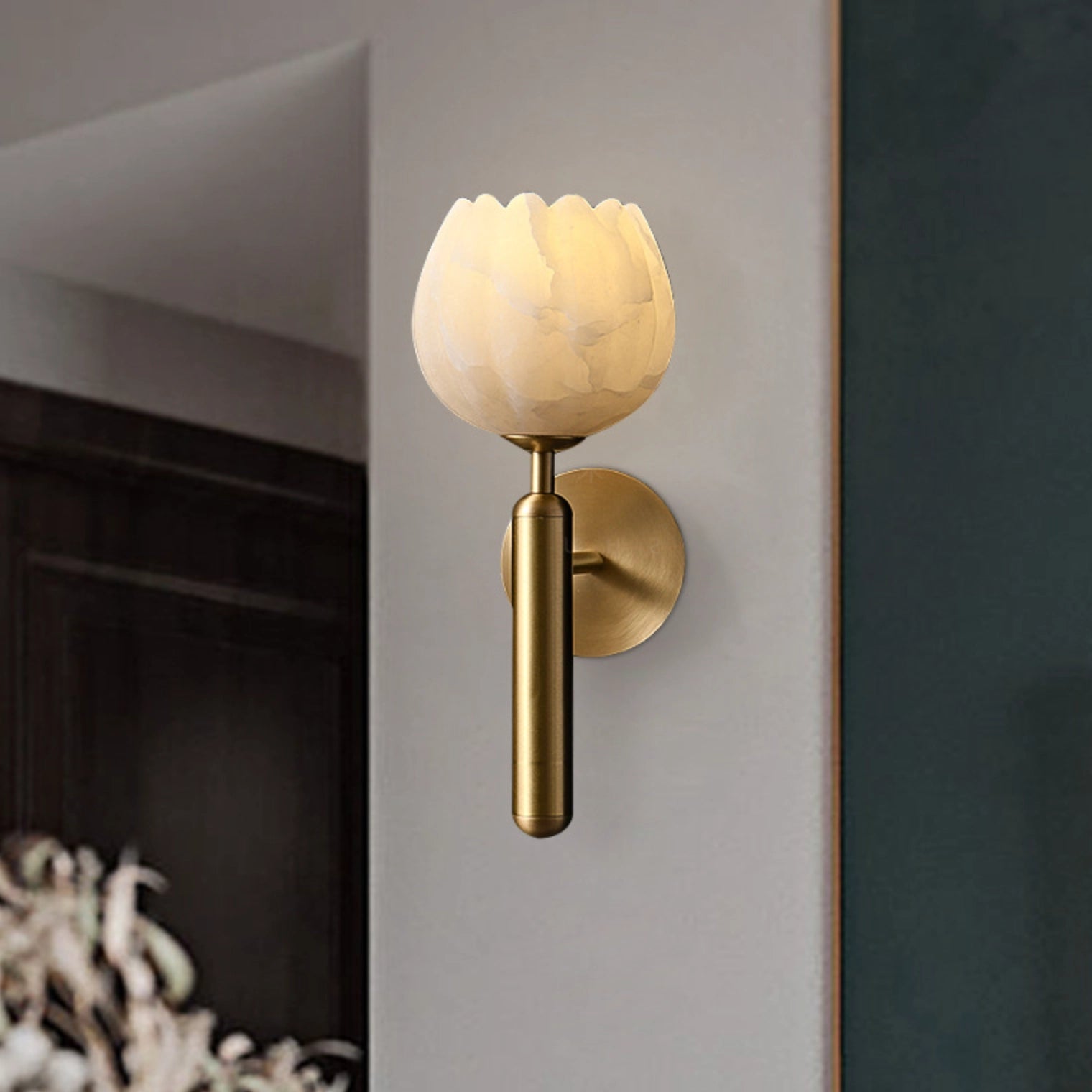 Modern Bud-Shaped Marble and Brass Wall Sconce