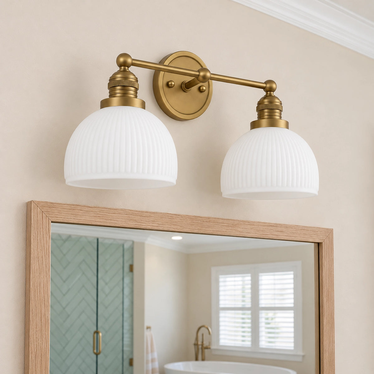 MCM Antique Brass Vanity Light Ribbed Glass Bathroom Sconce
