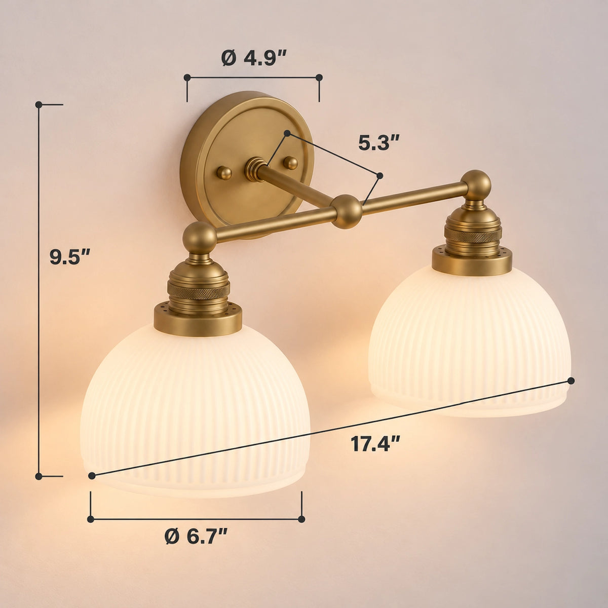 MCM Antique Brass Vanity Light Ribbed Glass Bathroom Sconce