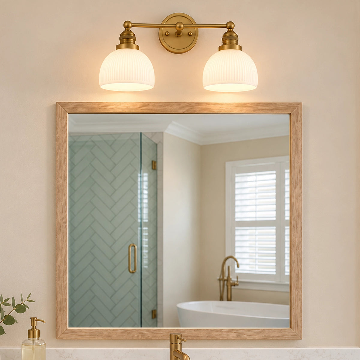 MCM Antique Brass Vanity Light Ribbed Glass Bathroom Sconce