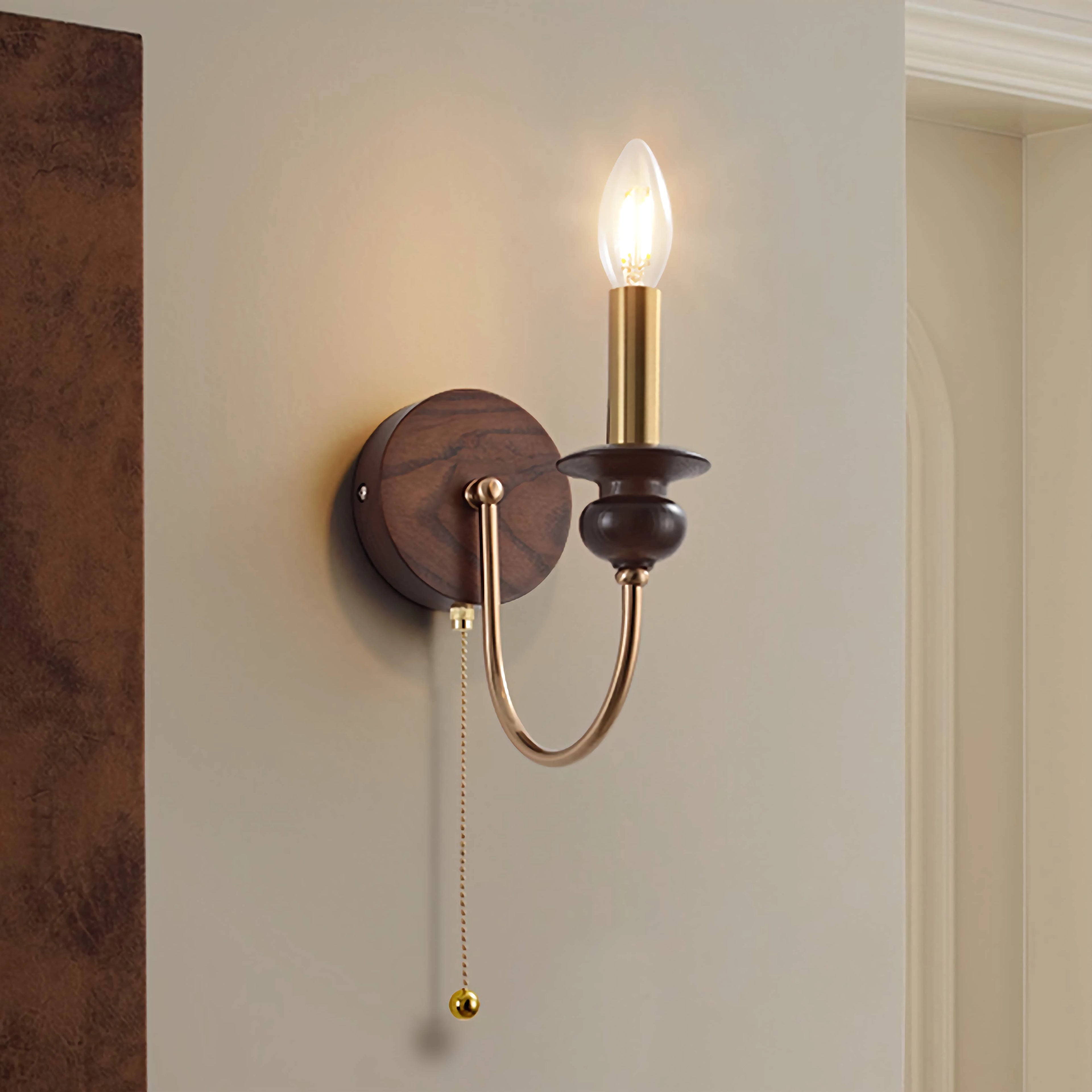 Brass Wall Mount Light Wood Candle Sconce with Pull Switch
