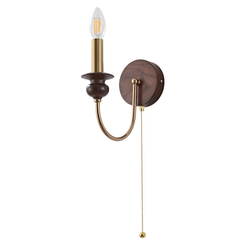 Brass Wall Mount Light Wood Candle Sconce with Pull Switch