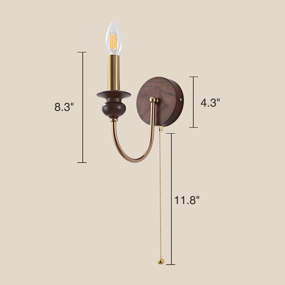 Brass Wall Mount Light Wood Candle Sconce with Pull Switch