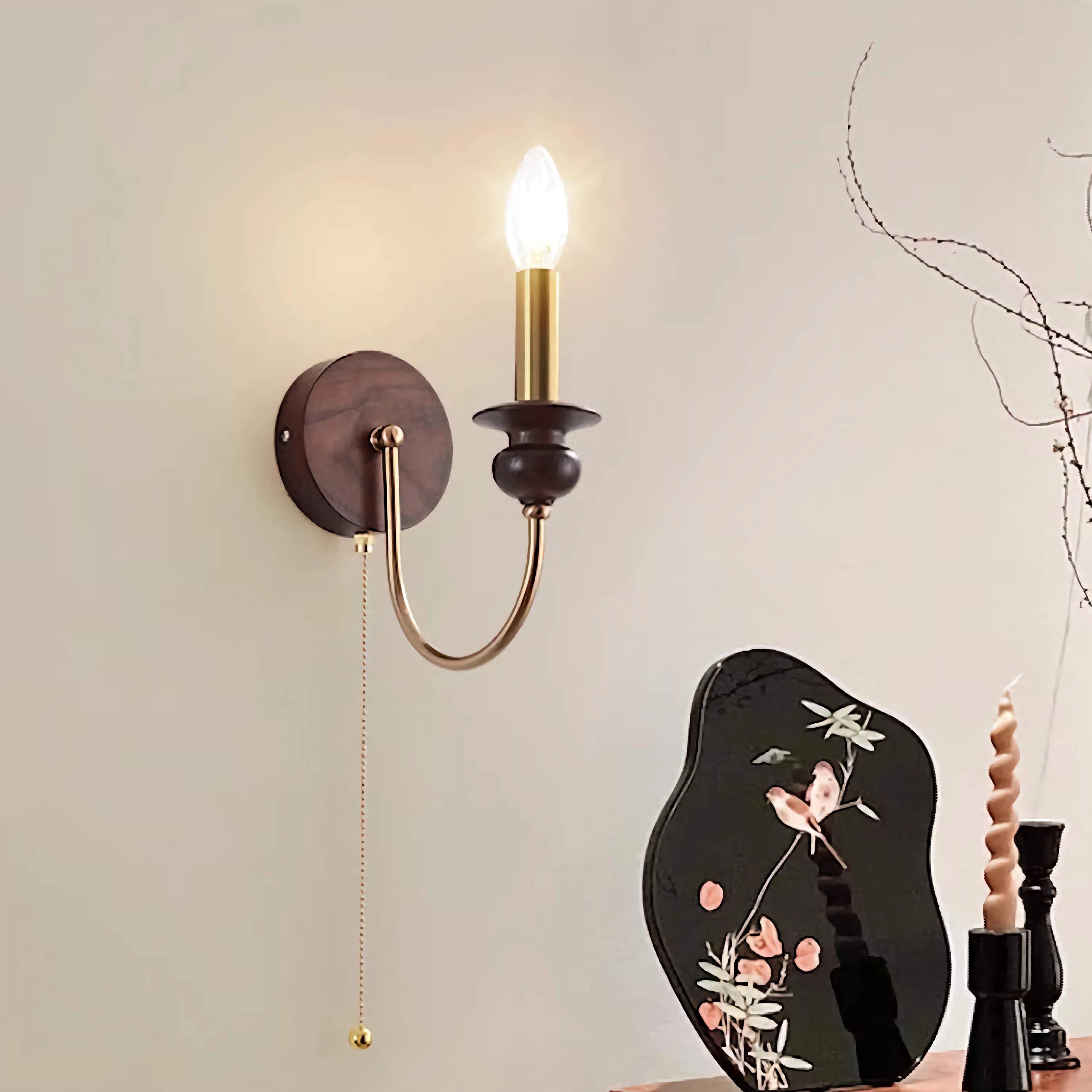 Brass Wall Mount Light Wood Candle Sconce with Pull Switch