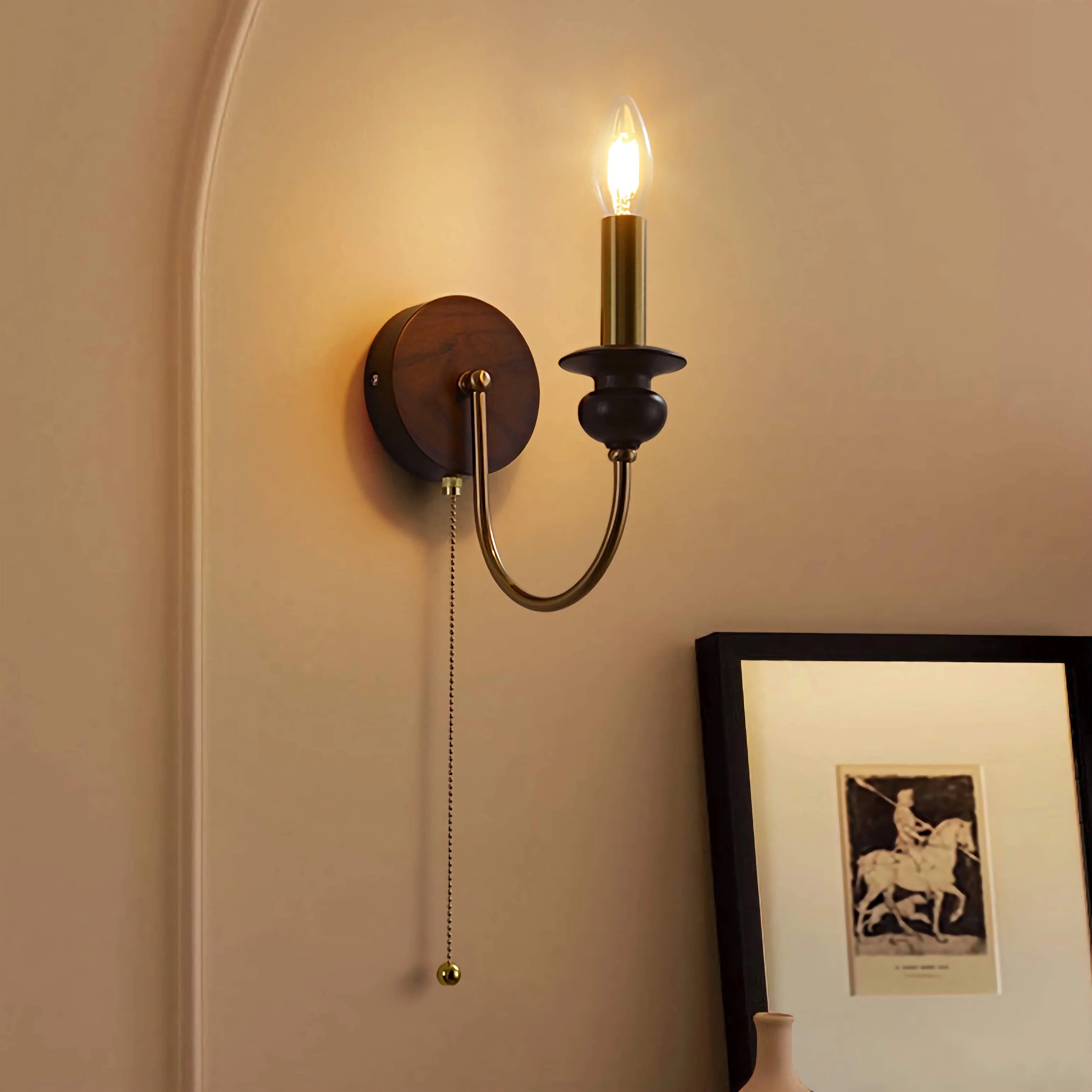 Brass Wall Mount Light Wood Candle Sconce with Pull Switch