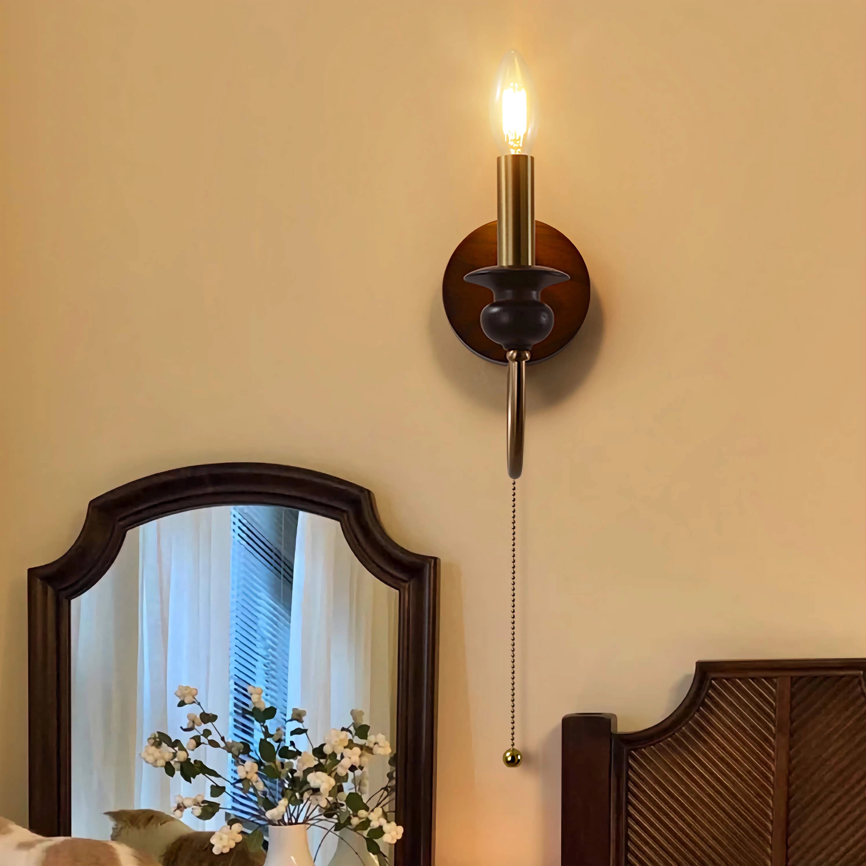 Brass Wall Mount Light Wood Candle Sconce with Pull Switch