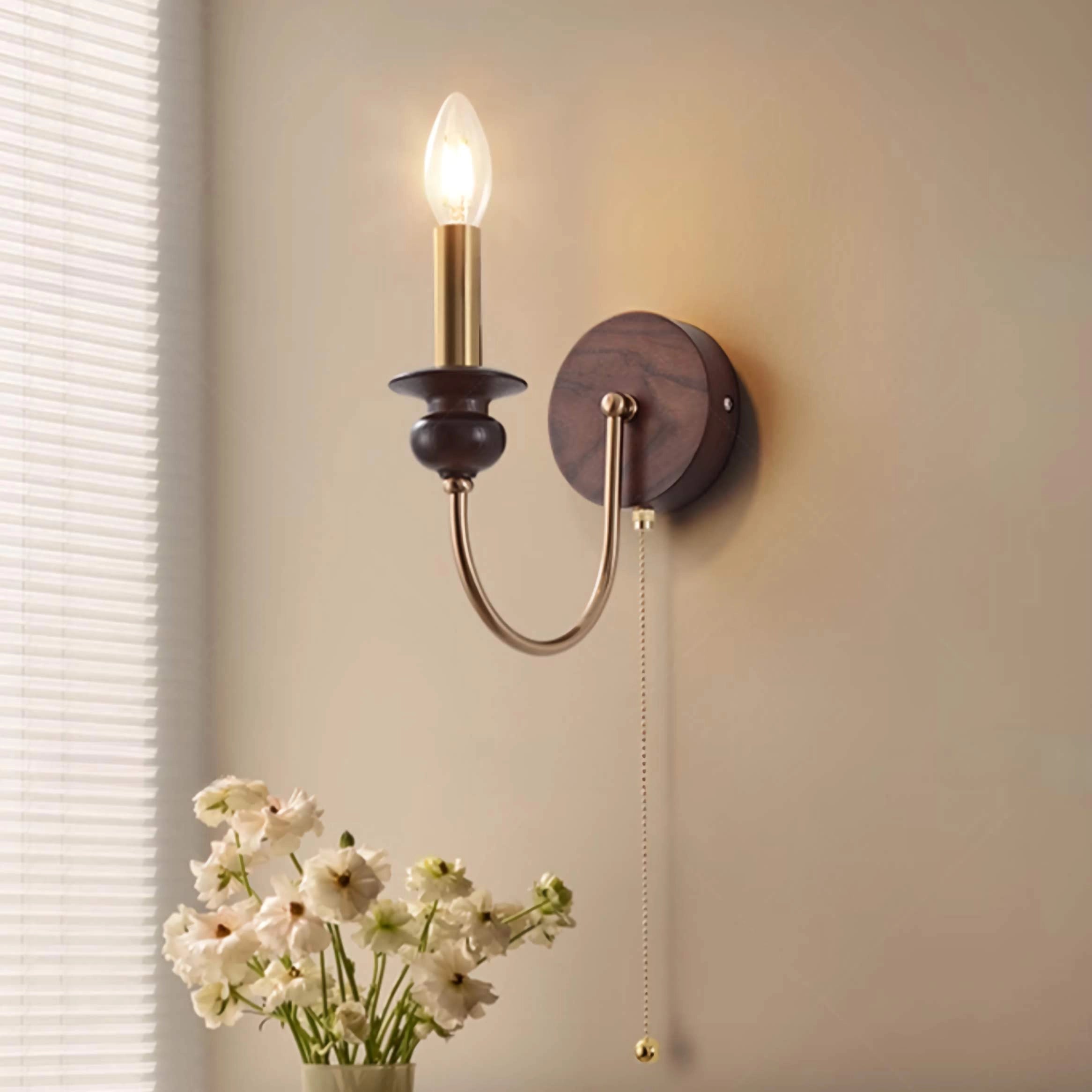 Brass Wall Mount Light Wood Candle Sconce with Pull Switch