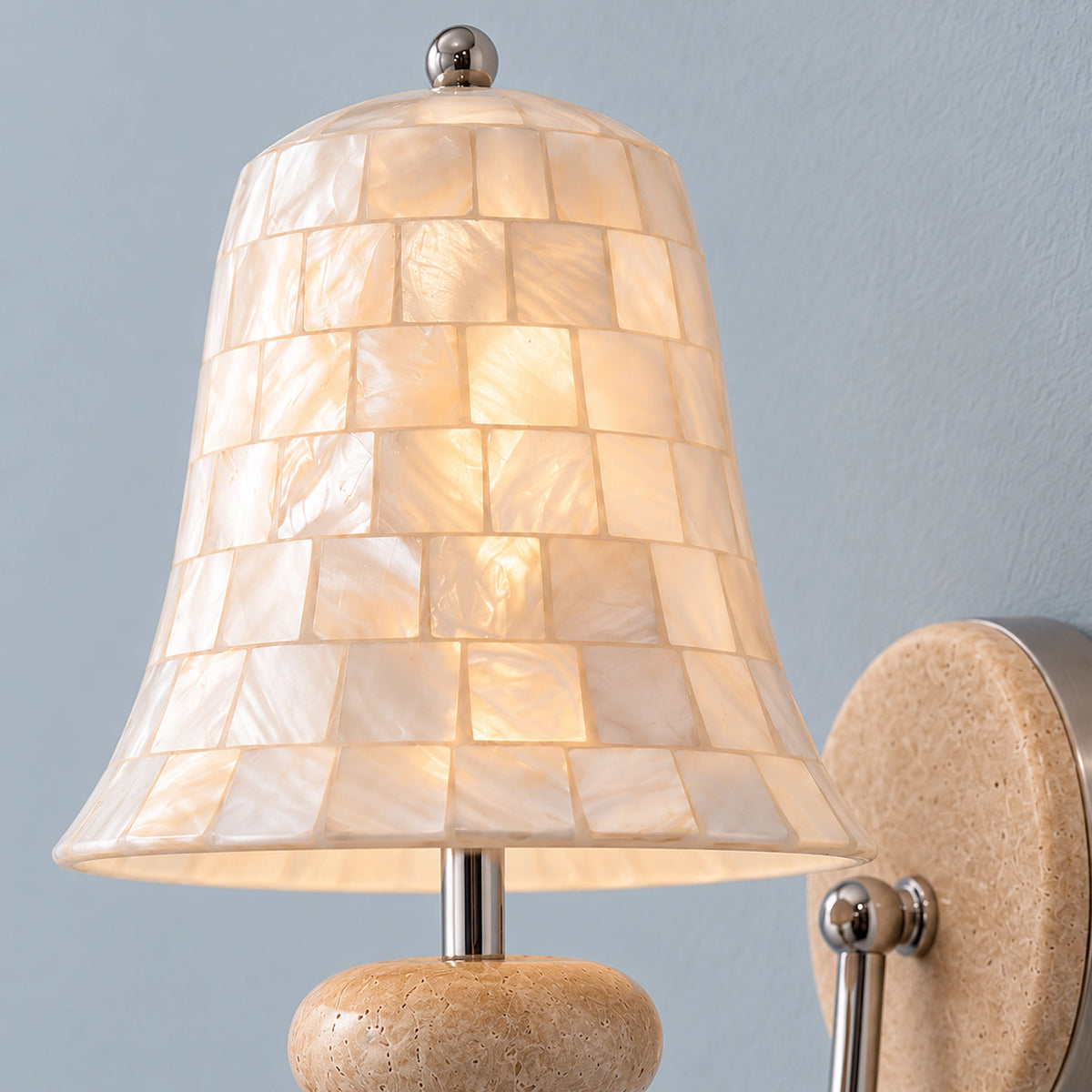 Natural Shell Mosaic Wall Sconce with Travertine Base