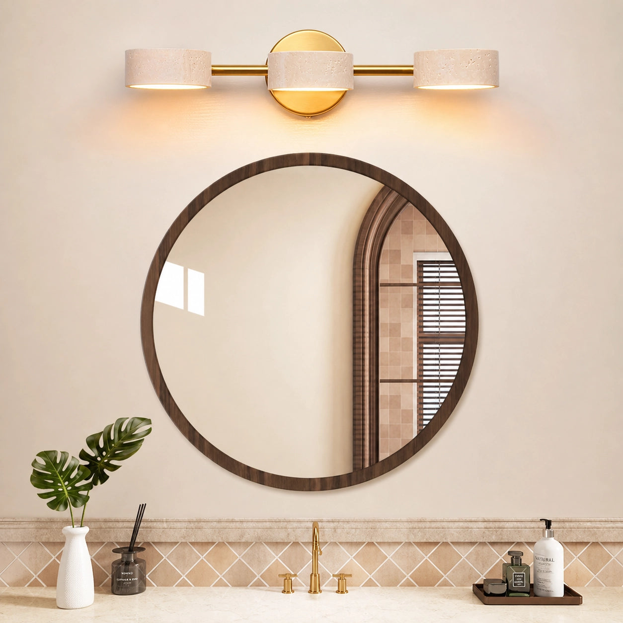 Natural Travertine Vanity Light Bathroom Gold Wall Sconce