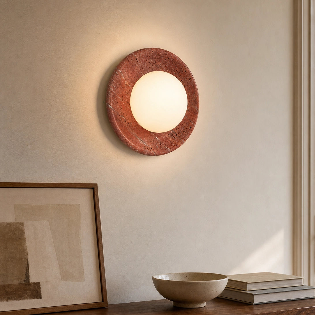 Red Travertine Round Wall Light with Globe Glass Shade