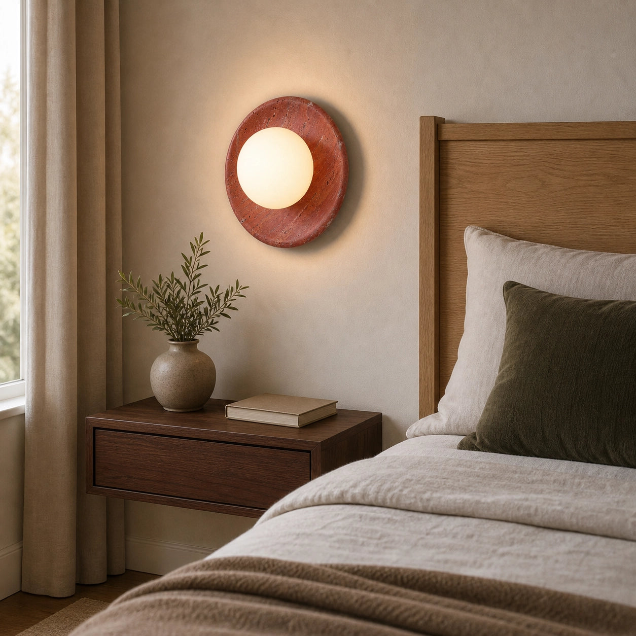 Red Travertine Round Wall Light with Globe Glass Shade