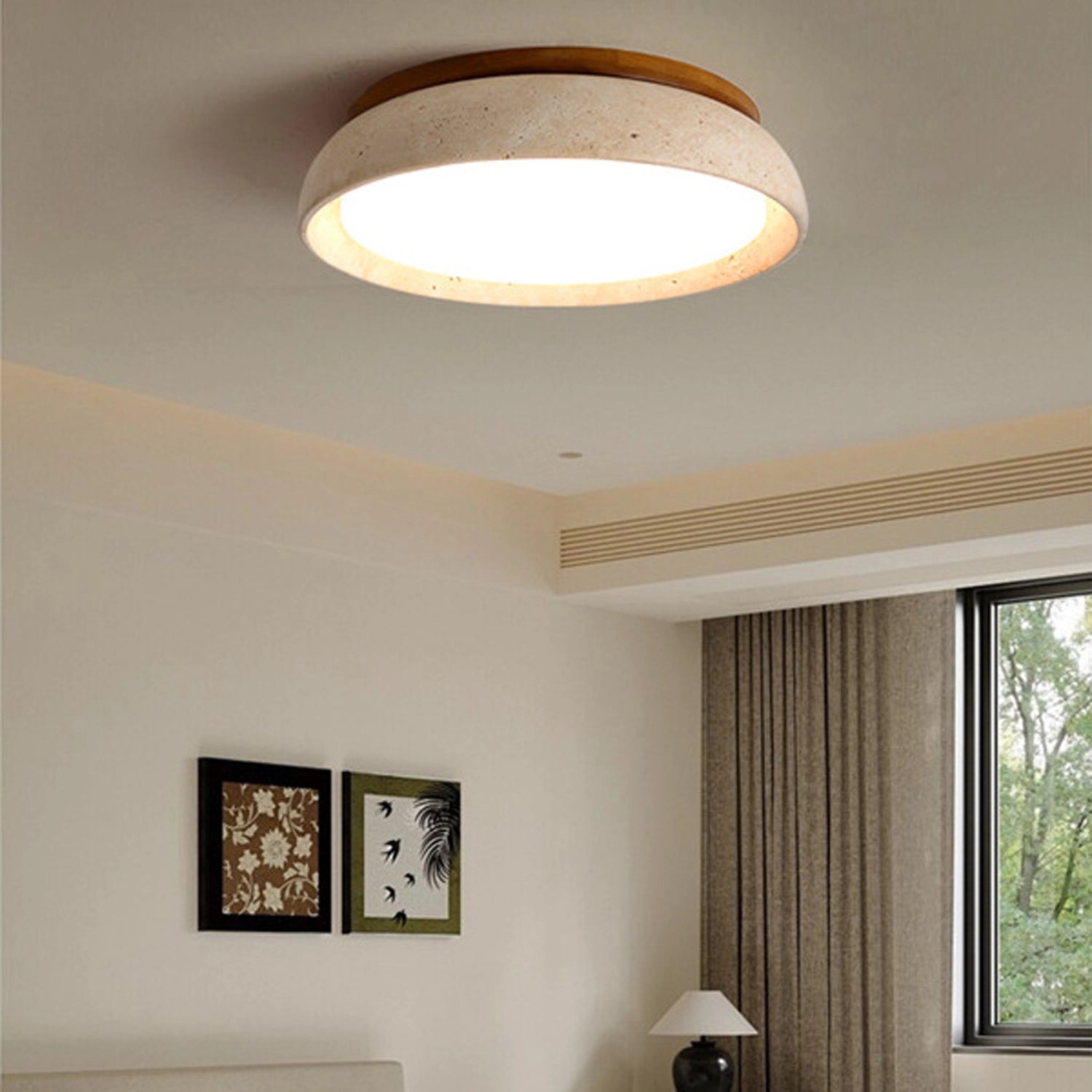 Round Travertine Flush-Mount Ceiling Light with Solid Wood Base