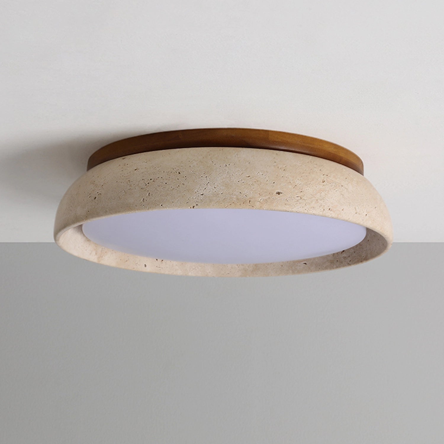 Round Travertine Flush-Mount Ceiling Light with Solid Wood Base