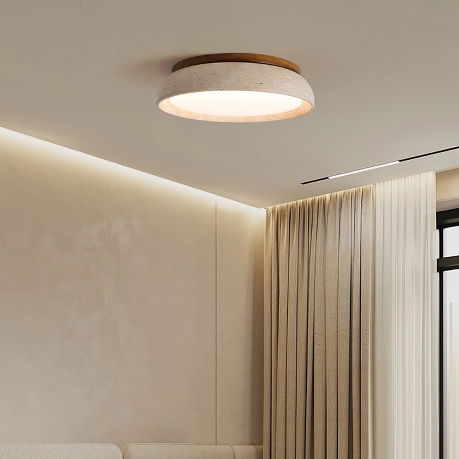 Round Travertine Flush-Mount Ceiling Light with Solid Wood Base
