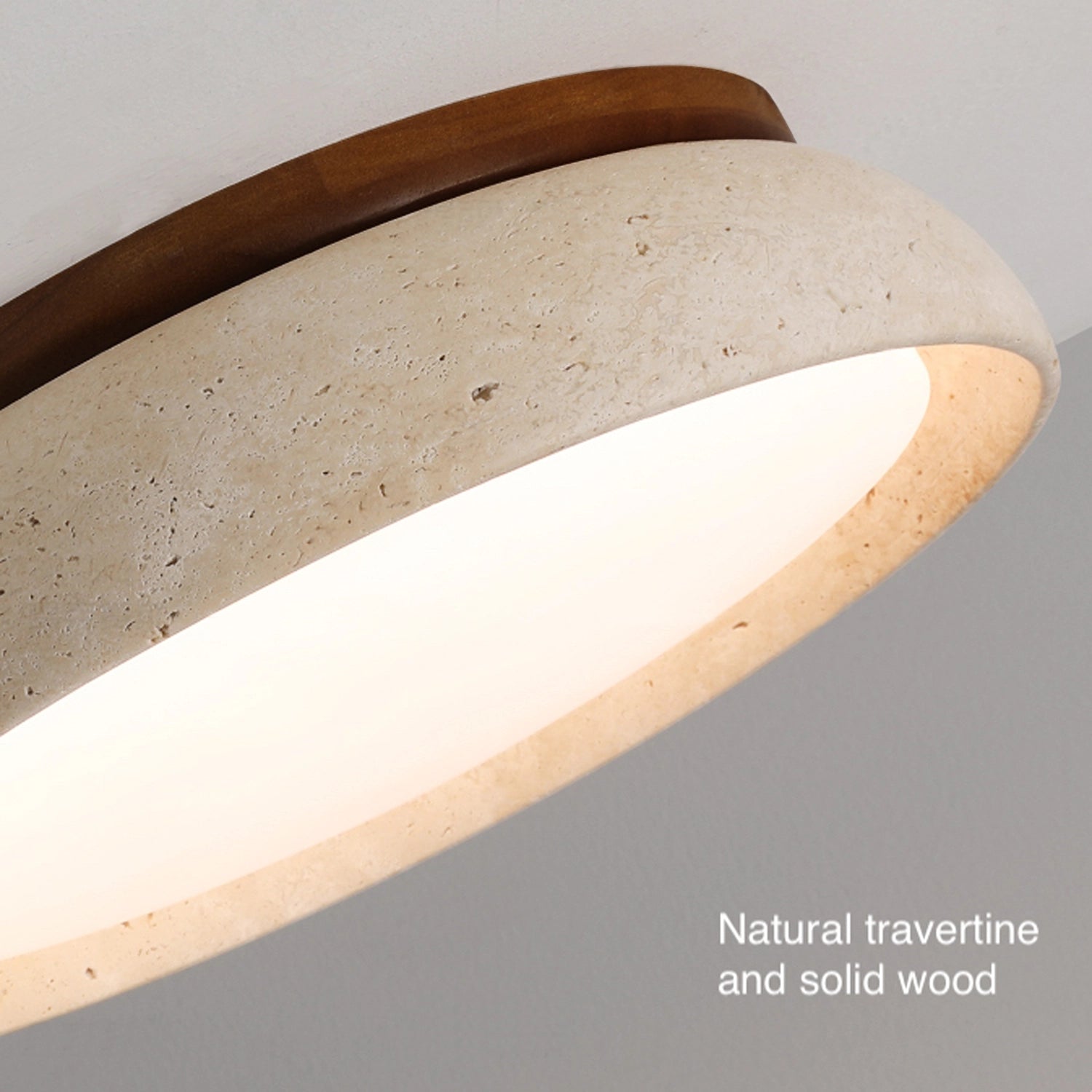 Round Travertine Flush-Mount Ceiling Light with Solid Wood Base