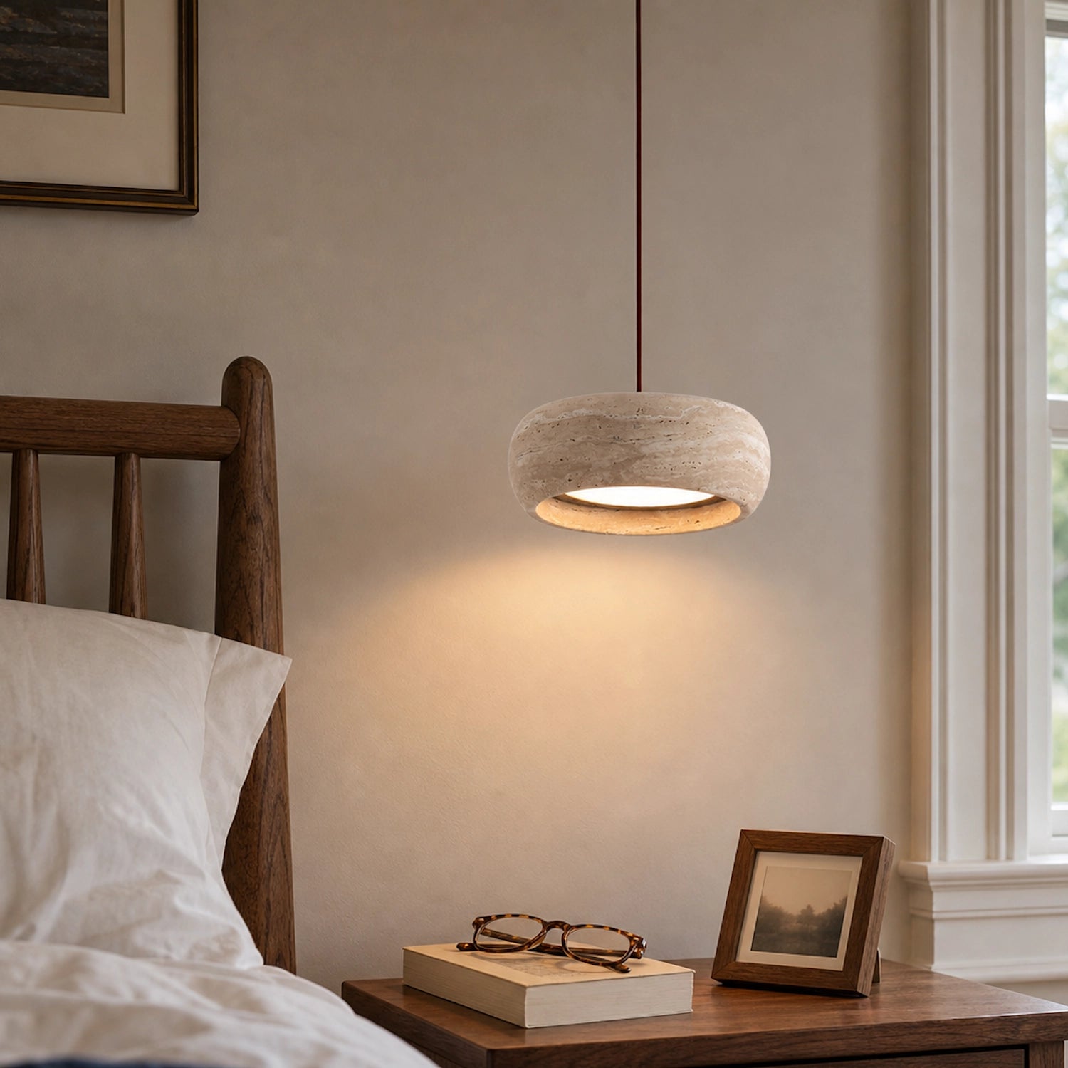 Round Travertine Pendant Light with Natural Stone Shade
