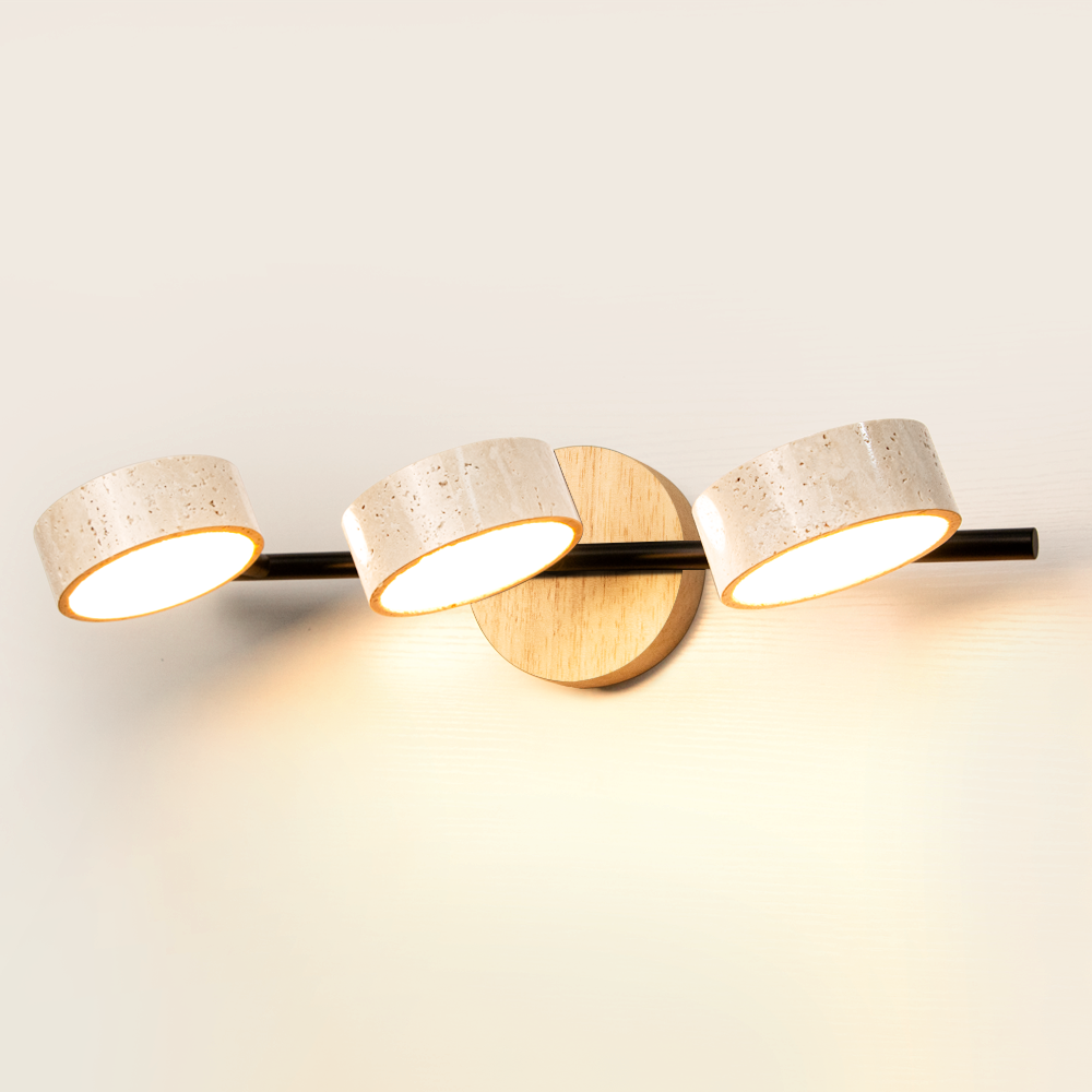 Round Travertine Vanity Light Wood & Metal Wall Lamp