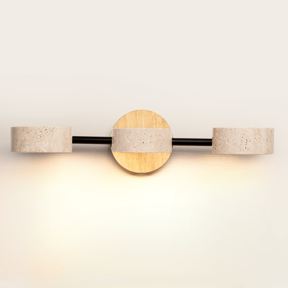 Round Travertine Vanity Light Wood & Metal Wall Lamp