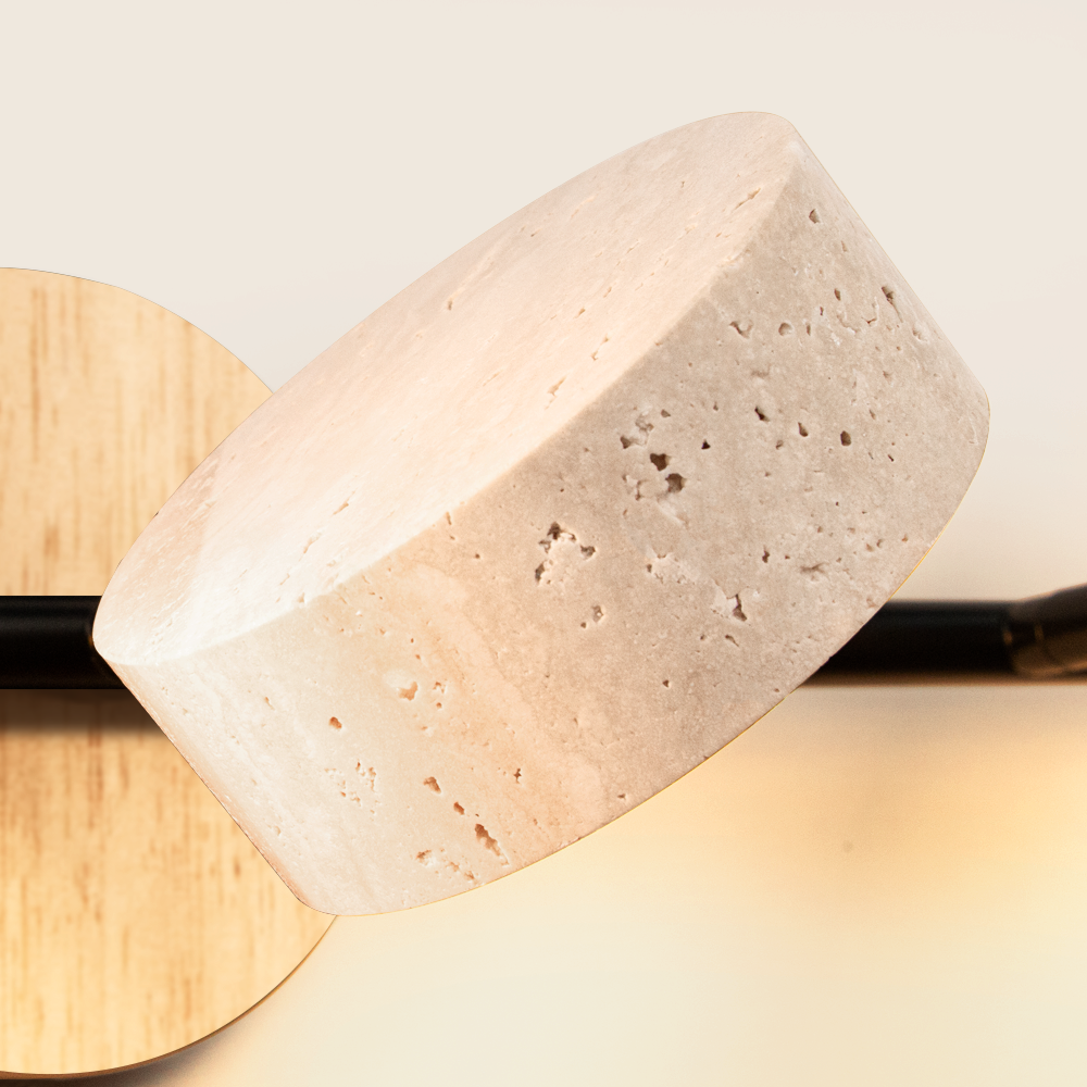 Round Travertine Vanity Light Wood & Metal Wall Lamp