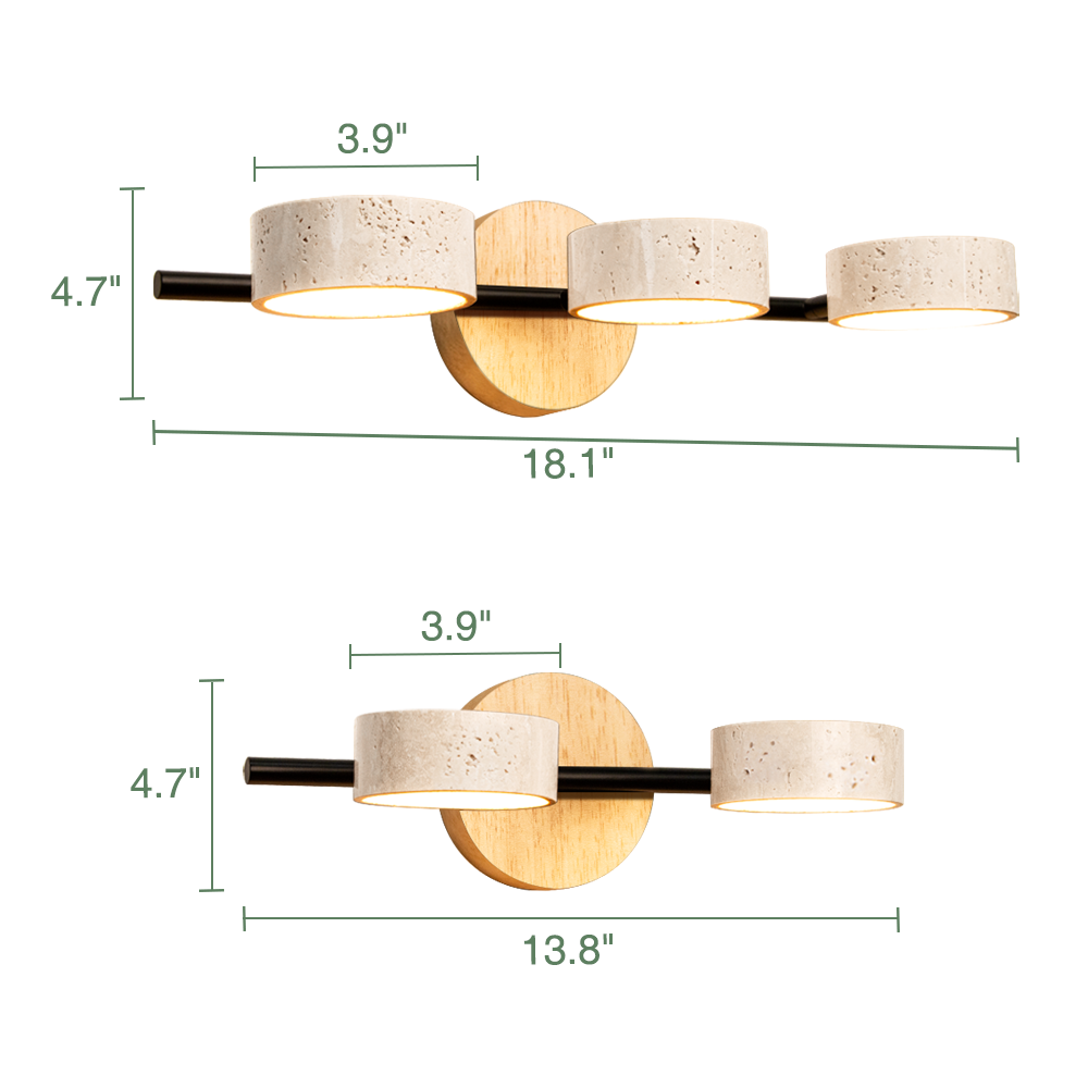 Round Travertine Vanity Light Wood & Metal Wall Lamp