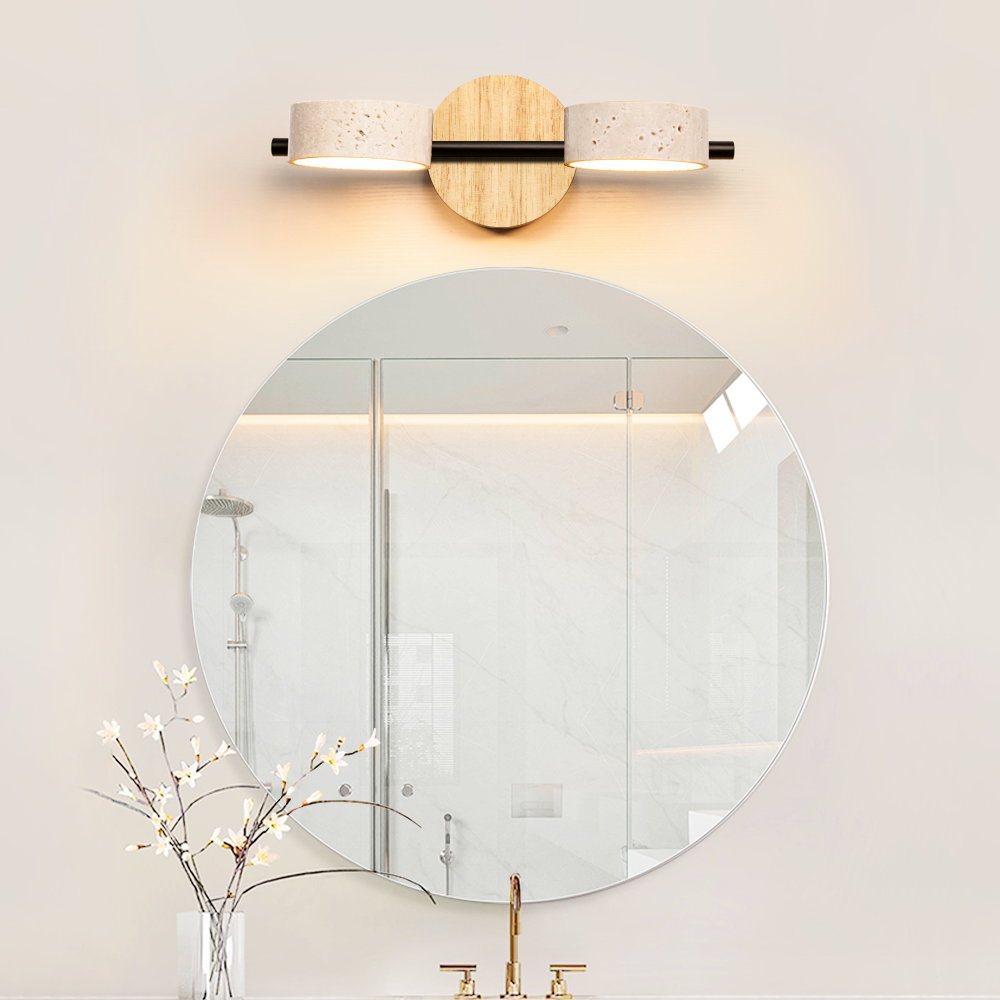 Round Travertine Vanity Light Wood & Metal Wall Lamp