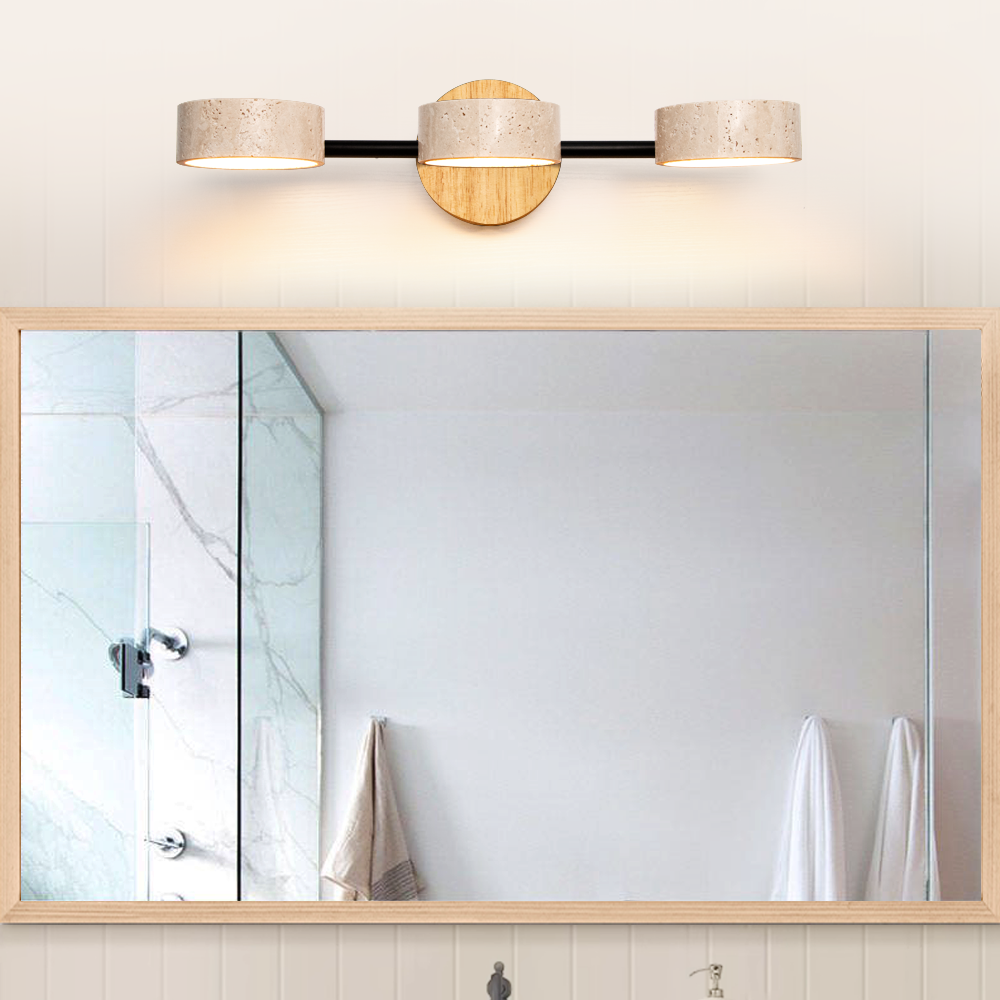 Round Travertine Vanity Light Wood & Metal Wall Lamp