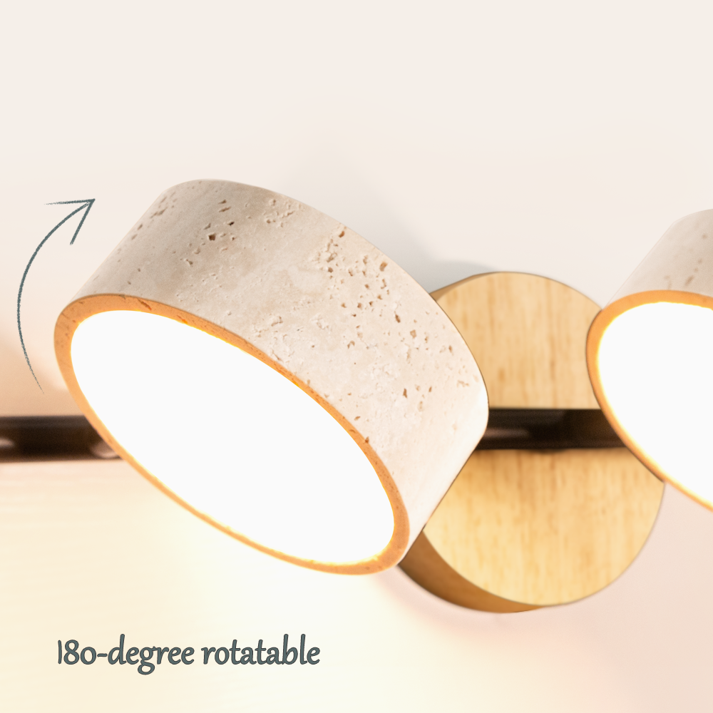 Round Travertine Vanity Light Wood & Metal Wall Lamp