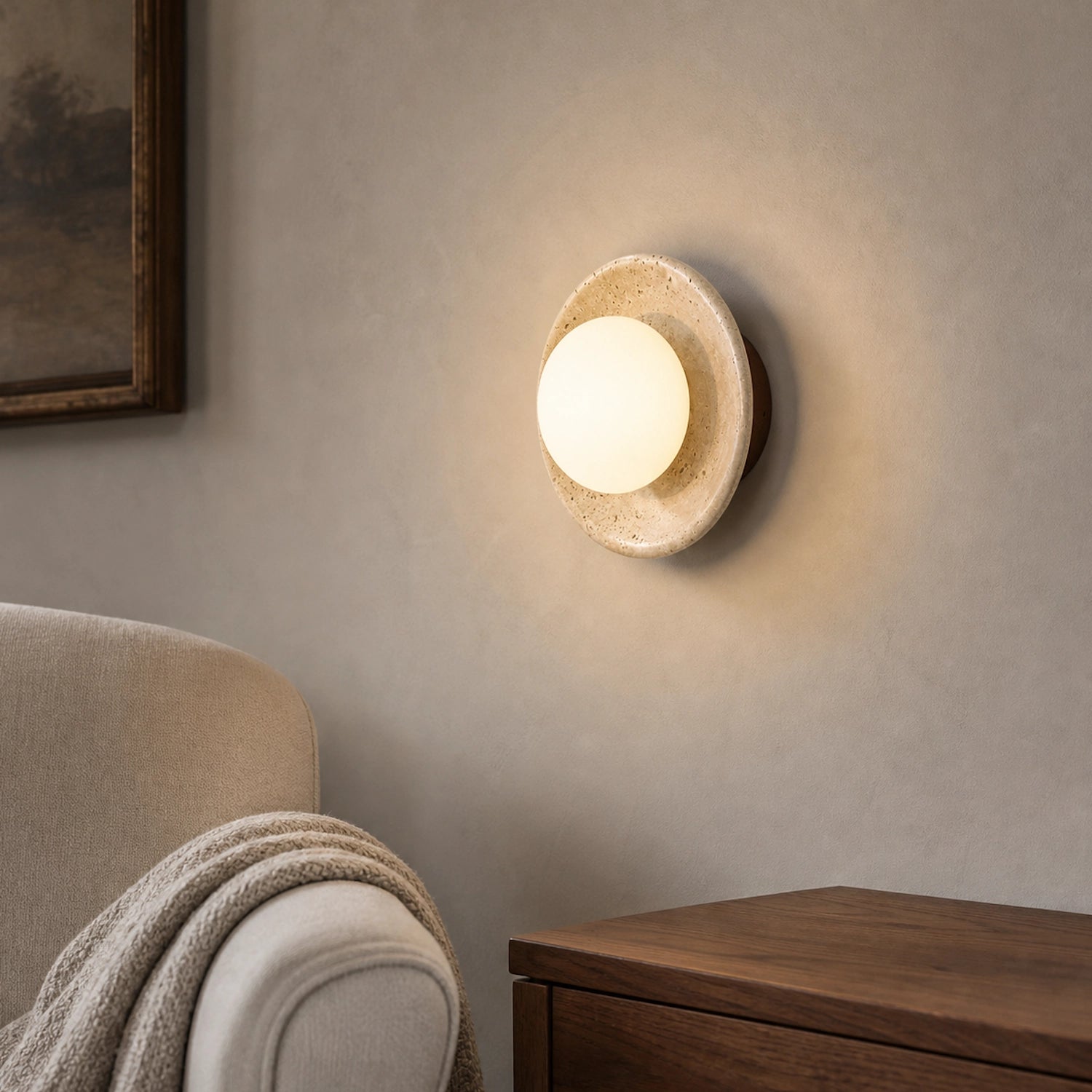 Round Travertine Wall Mounted Light with Globe Glass Shade