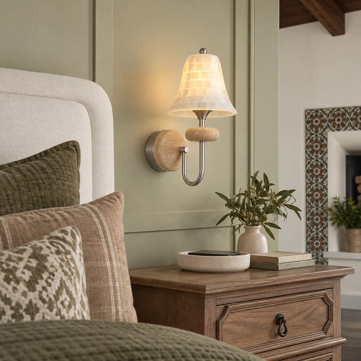 Shell Mosaic Wall Sconce with Domed Travertine Backplate