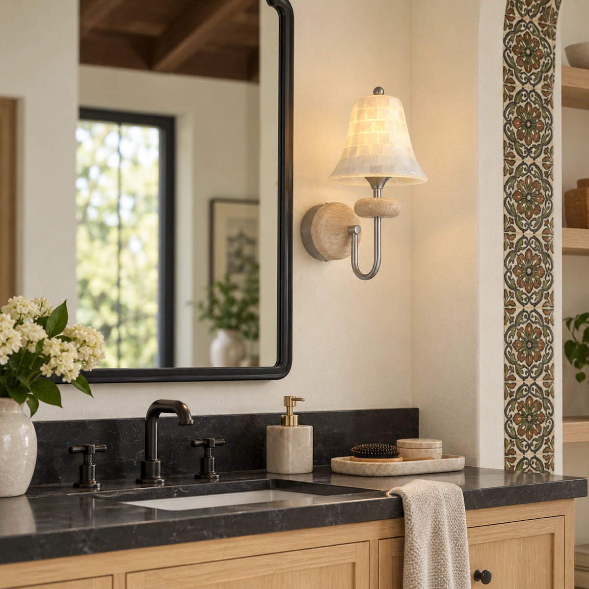 Shell Mosaic Wall Sconce with Domed Travertine Backplate