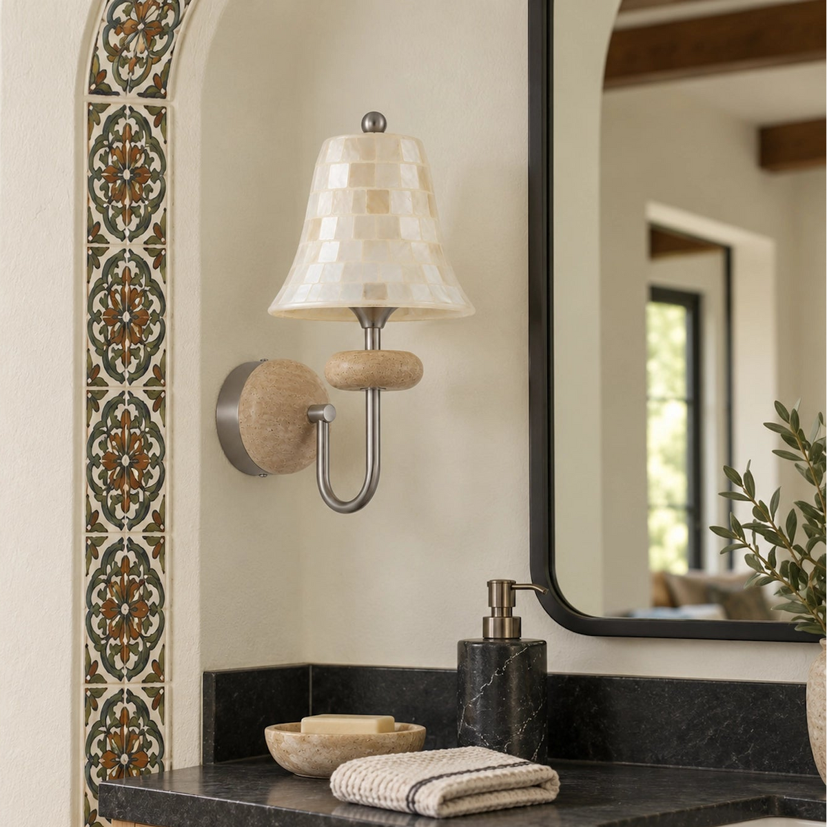 Shell Mosaic Wall Sconce with Domed Travertine Backplate