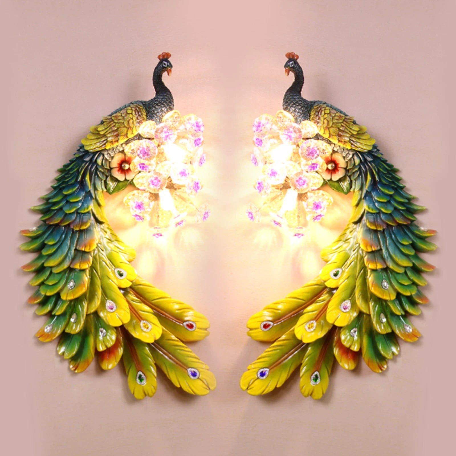 Stunning Resin Peacock Wall Sconce with Crystal Lampshade