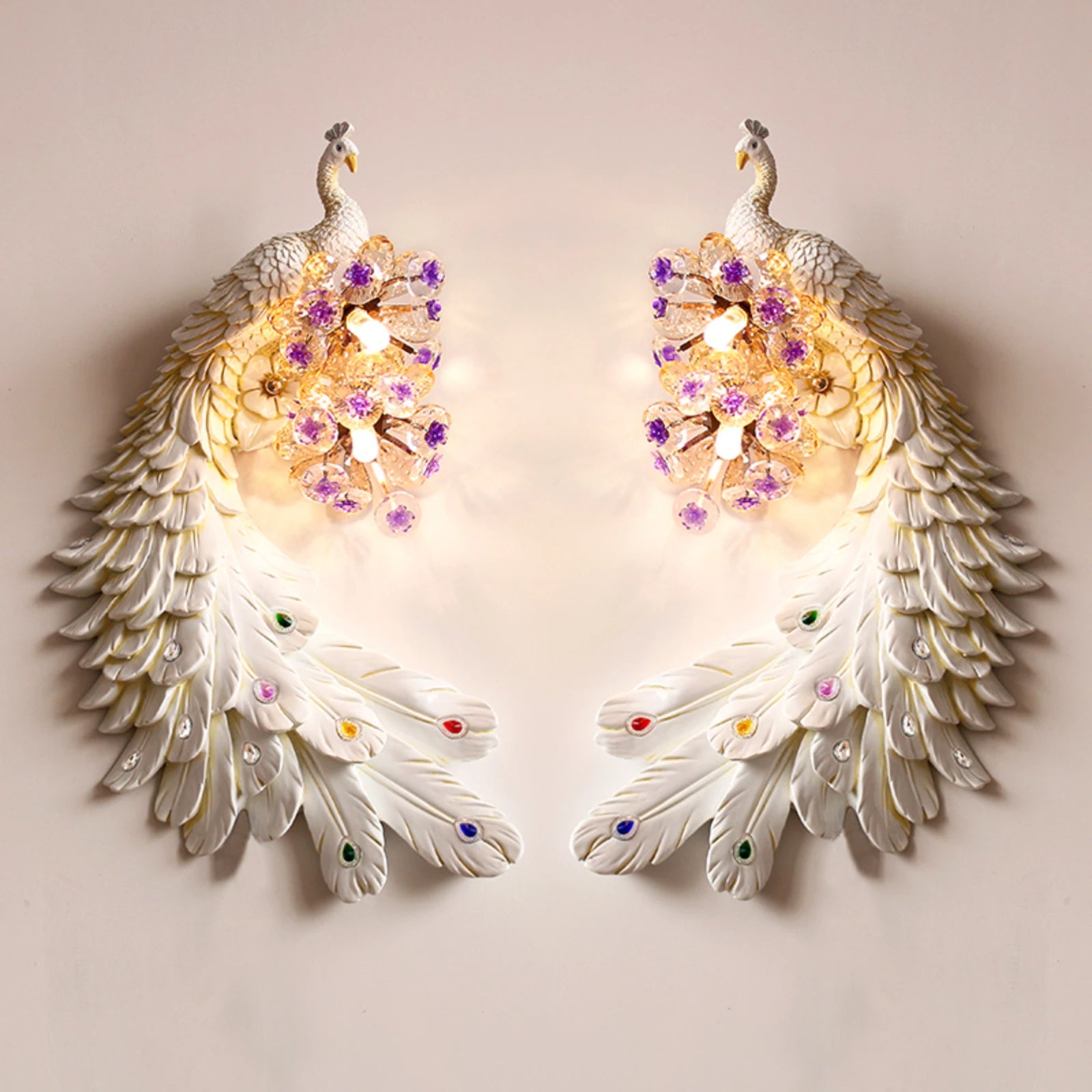 Stunning Resin Peacock Wall Sconce with Crystal Lampshade