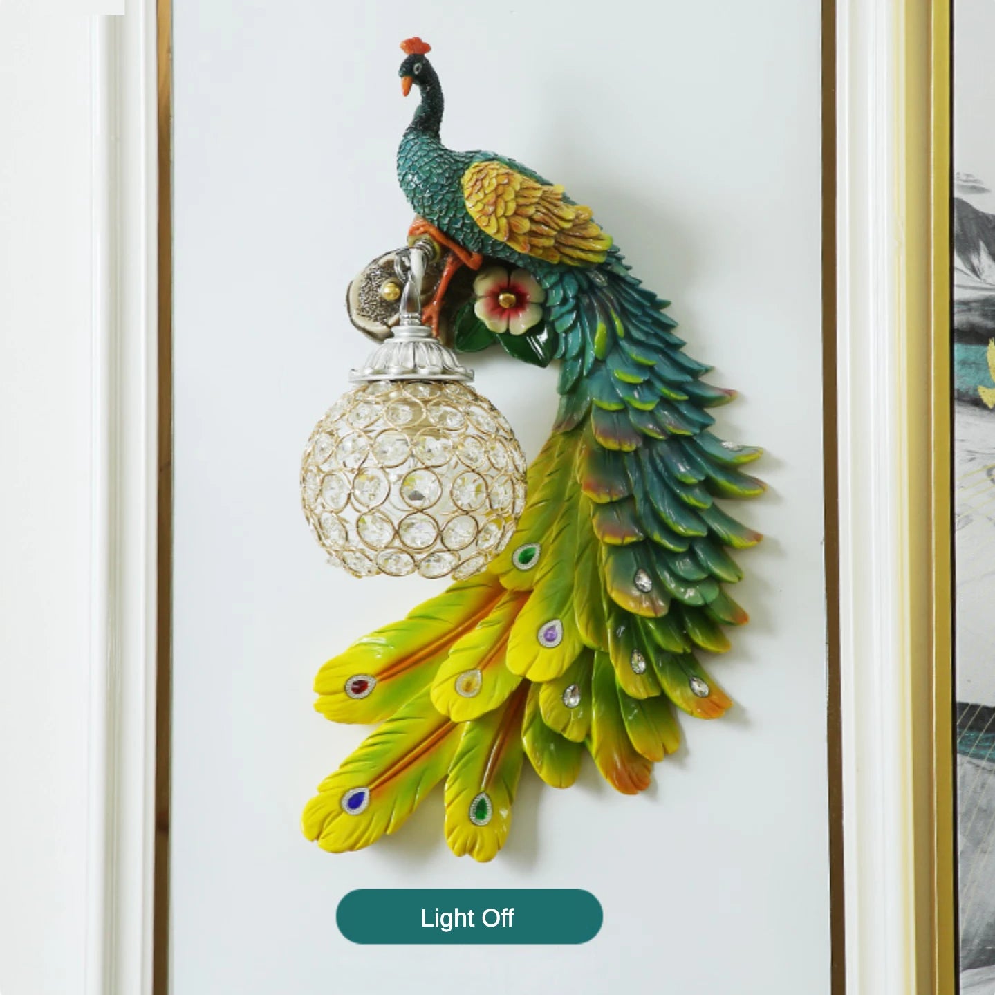 Stunning Resin Peacock Wall Sconce with Crystal Lampshade