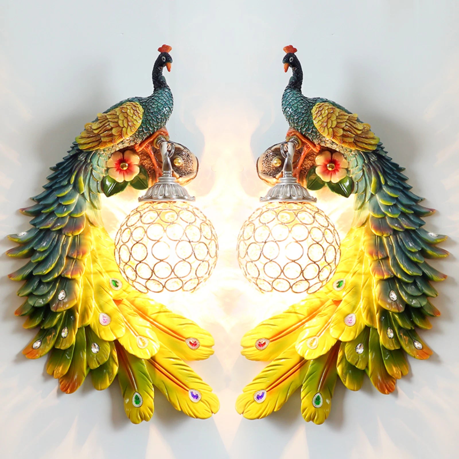 Stunning Resin Peacock Wall Sconce with Crystal Lampshade