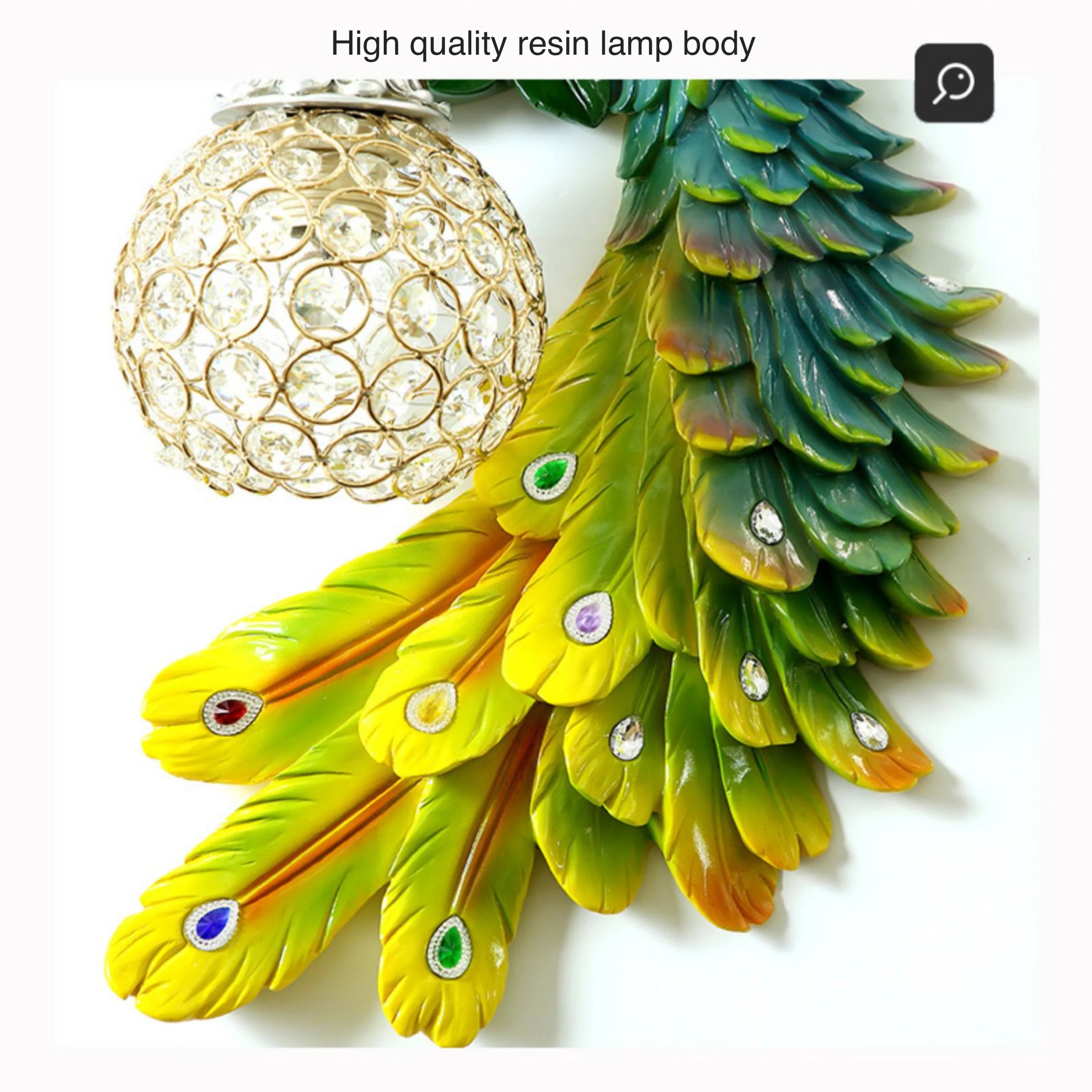 Stunning Resin Peacock Wall Sconce with Crystal Lampshade