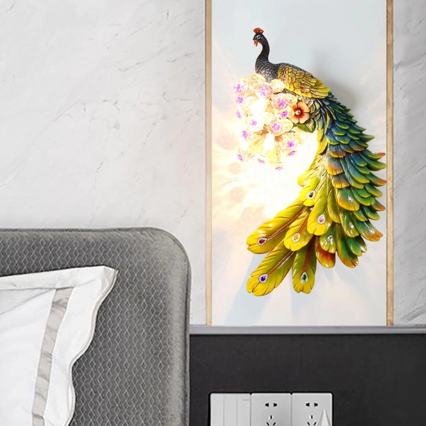 Stunning Resin Peacock Wall Sconce with Crystal Lampshade