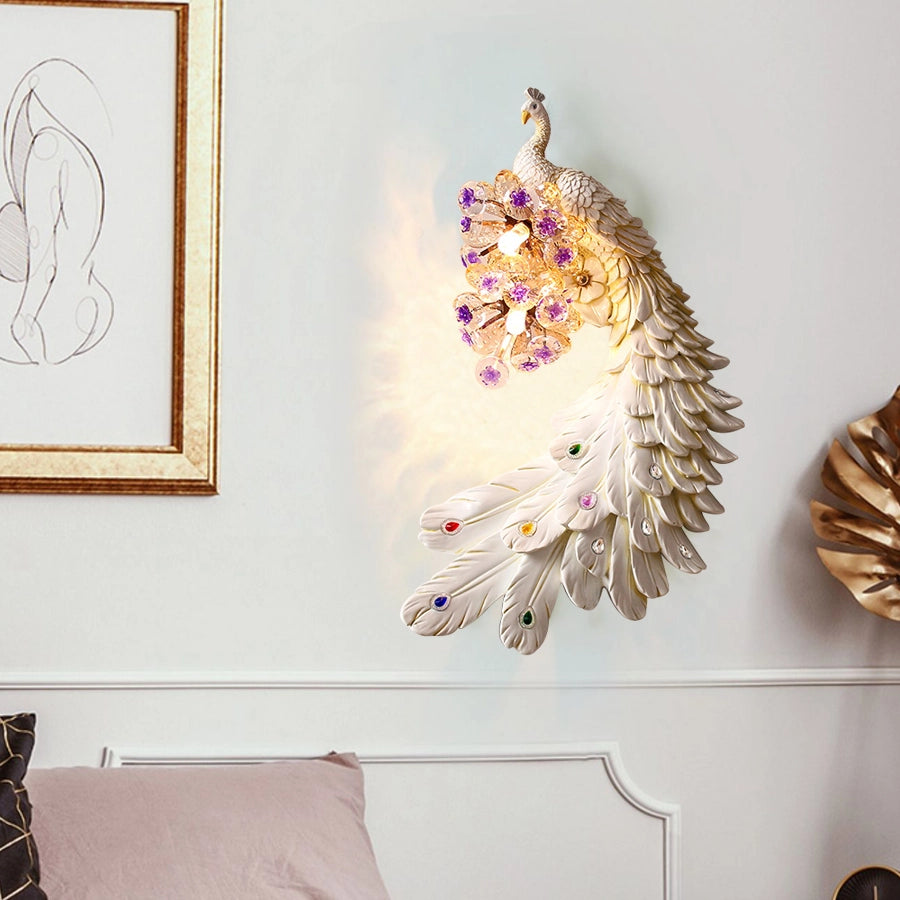 Stunning Resin Peacock Wall Sconce with Crystal Lampshade