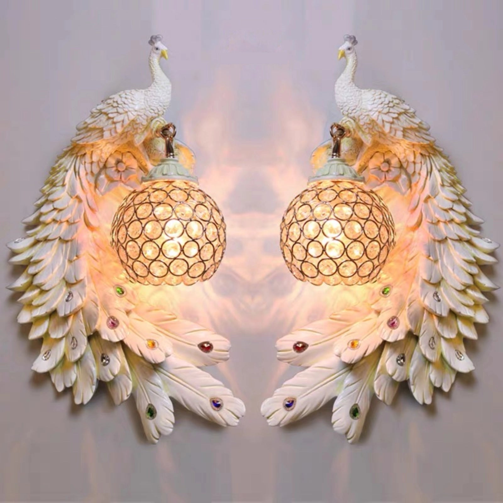 Stunning Resin Peacock Wall Sconce with Crystal Lampshade