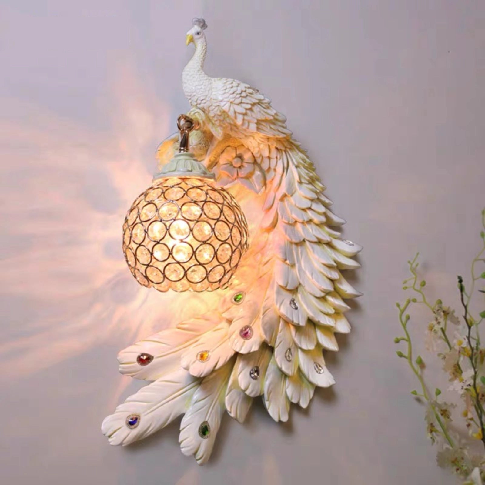 Stunning Resin Peacock Wall Sconce with Crystal Lampshade