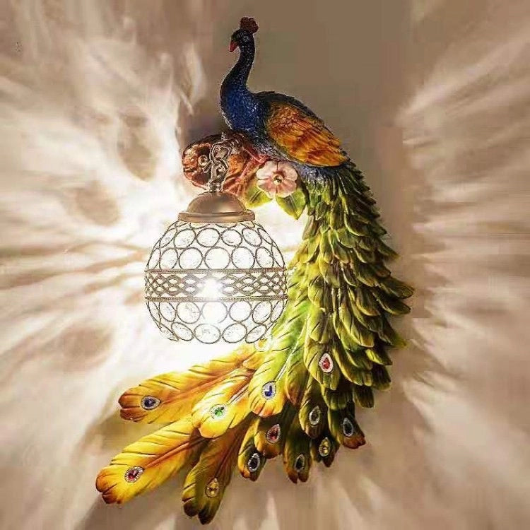 Stunning Resin Peacock Wall Sconce with Crystal Lampshade