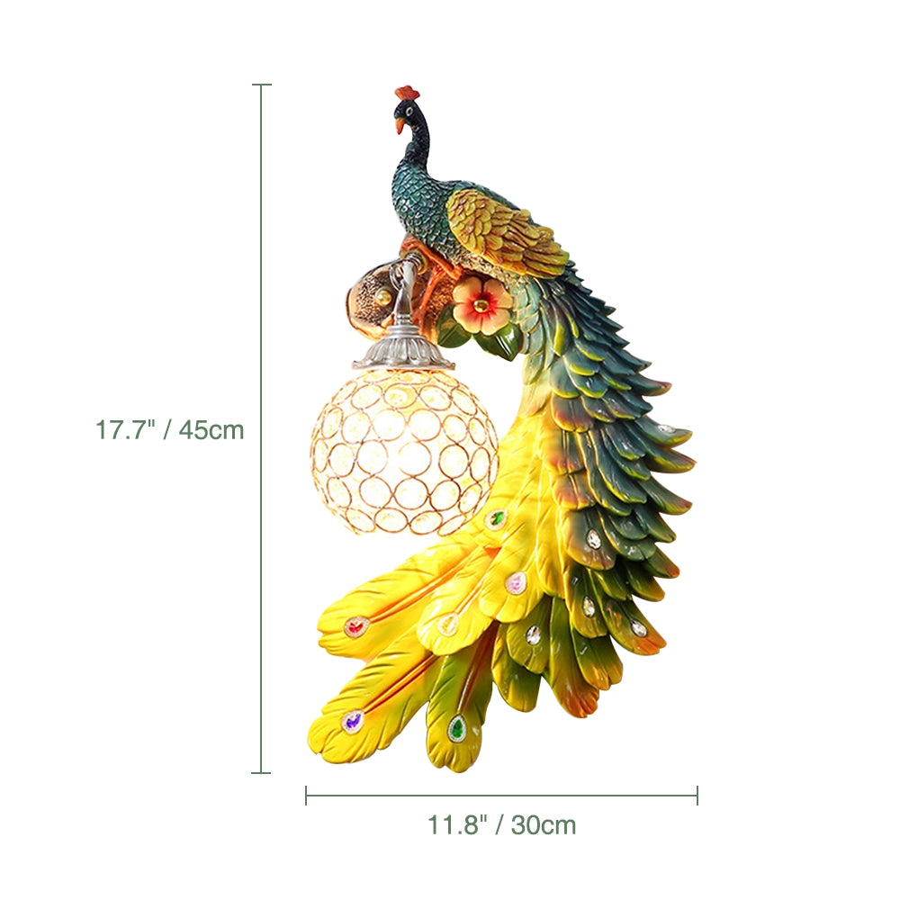 Stunning Resin Peacock Wall Sconce with Crystal Lampshade