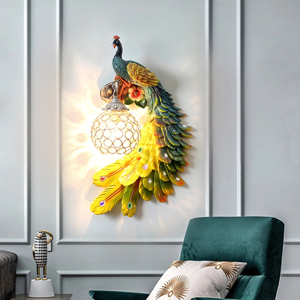 Stunning Resin Peacock Wall Sconce with Crystal Lampshade