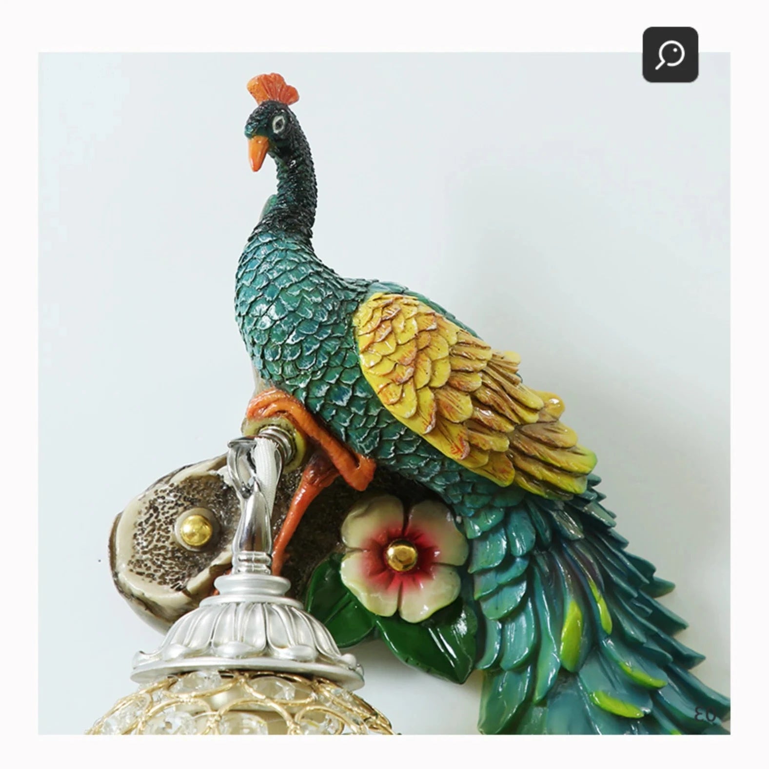 Stunning Resin Peacock Wall Sconce with Crystal Lampshade