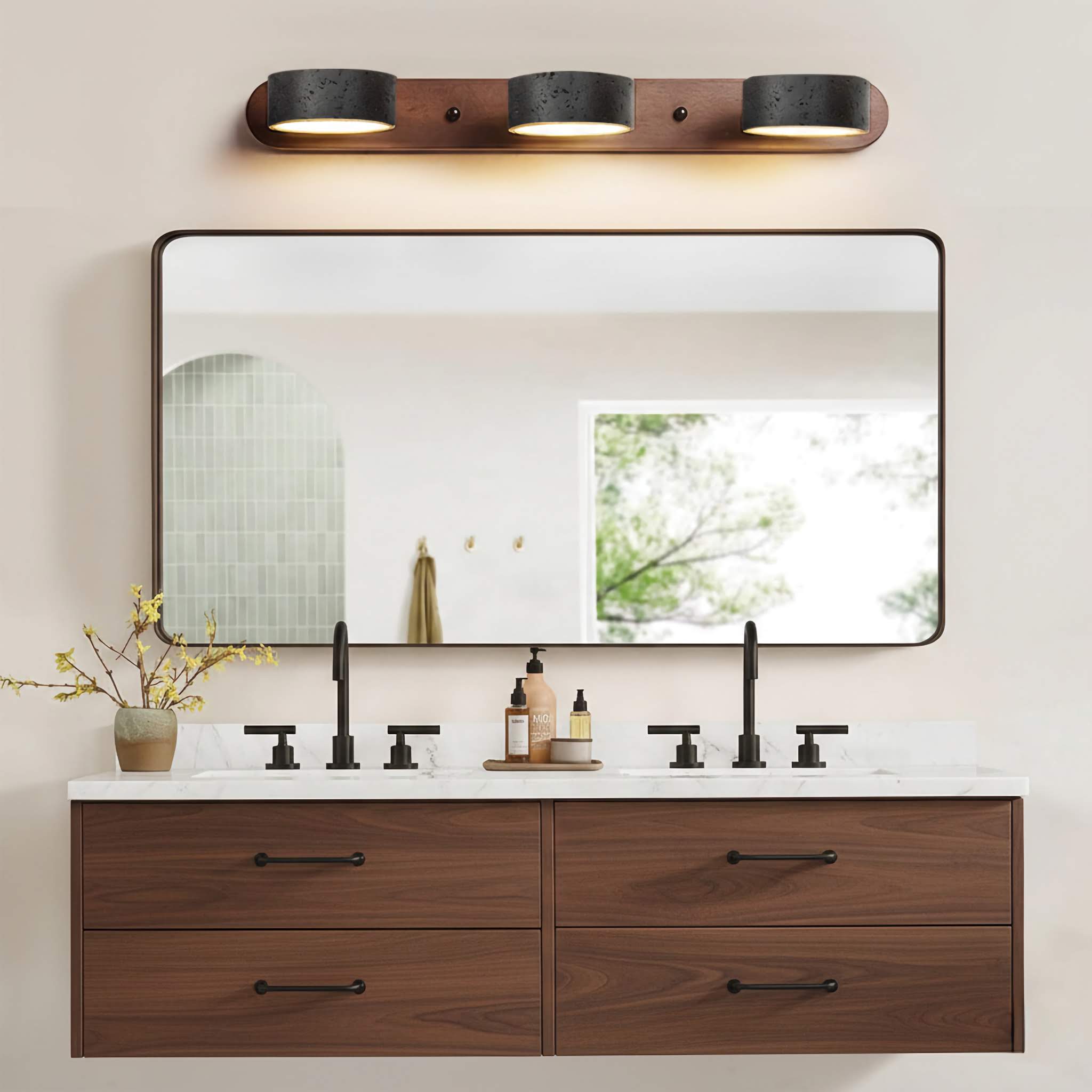 Black Travertine Vanity Wall Light Solid Wood Bathroom Sconce