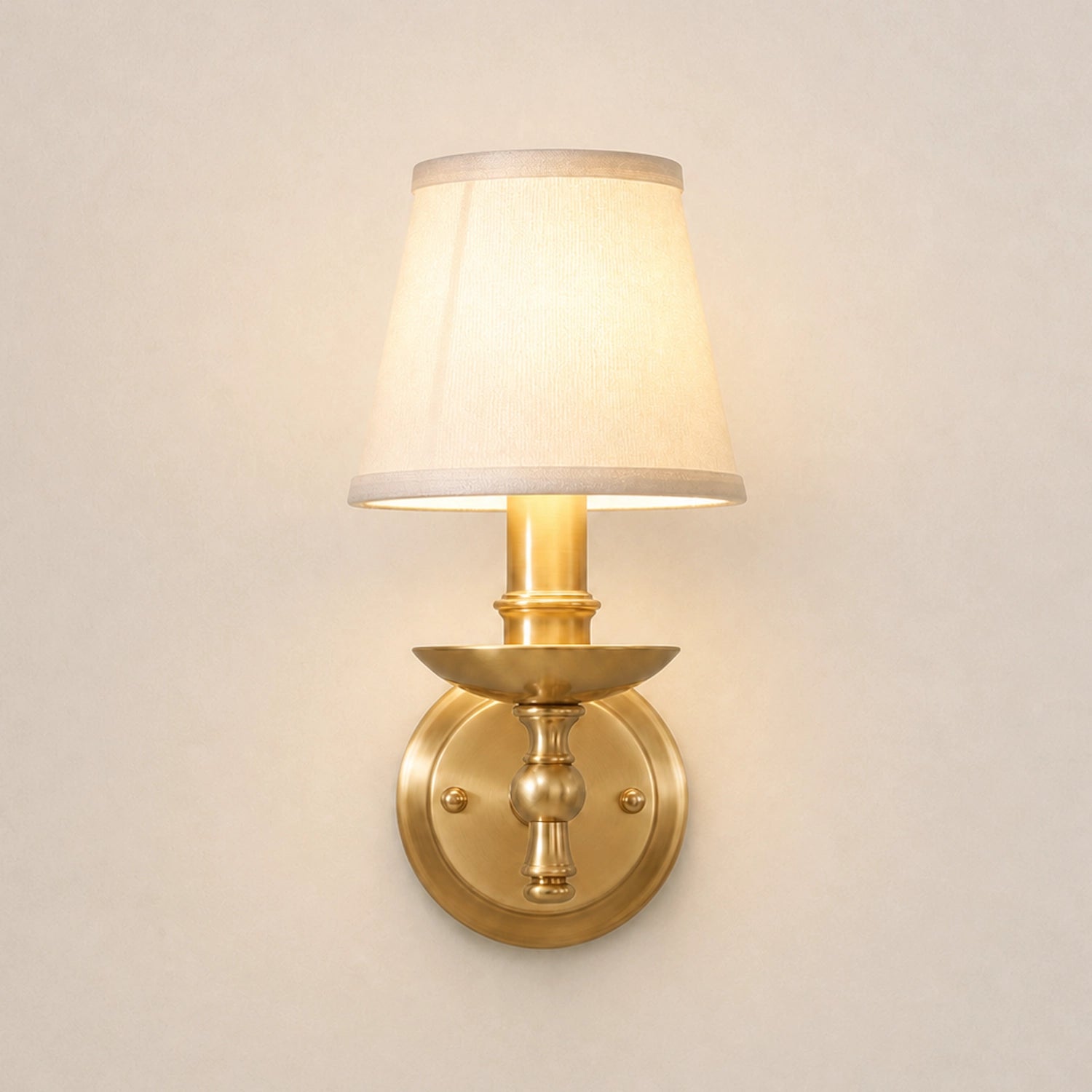 Classic Solid Brass Wall Sconce with White Fabric Shade
