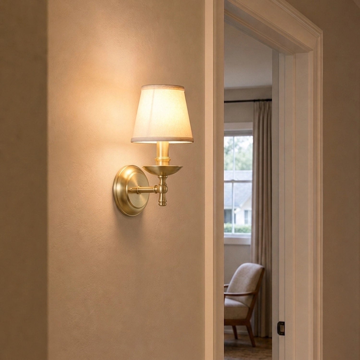 Classic Solid Brass Wall Sconce with White Fabric Shade