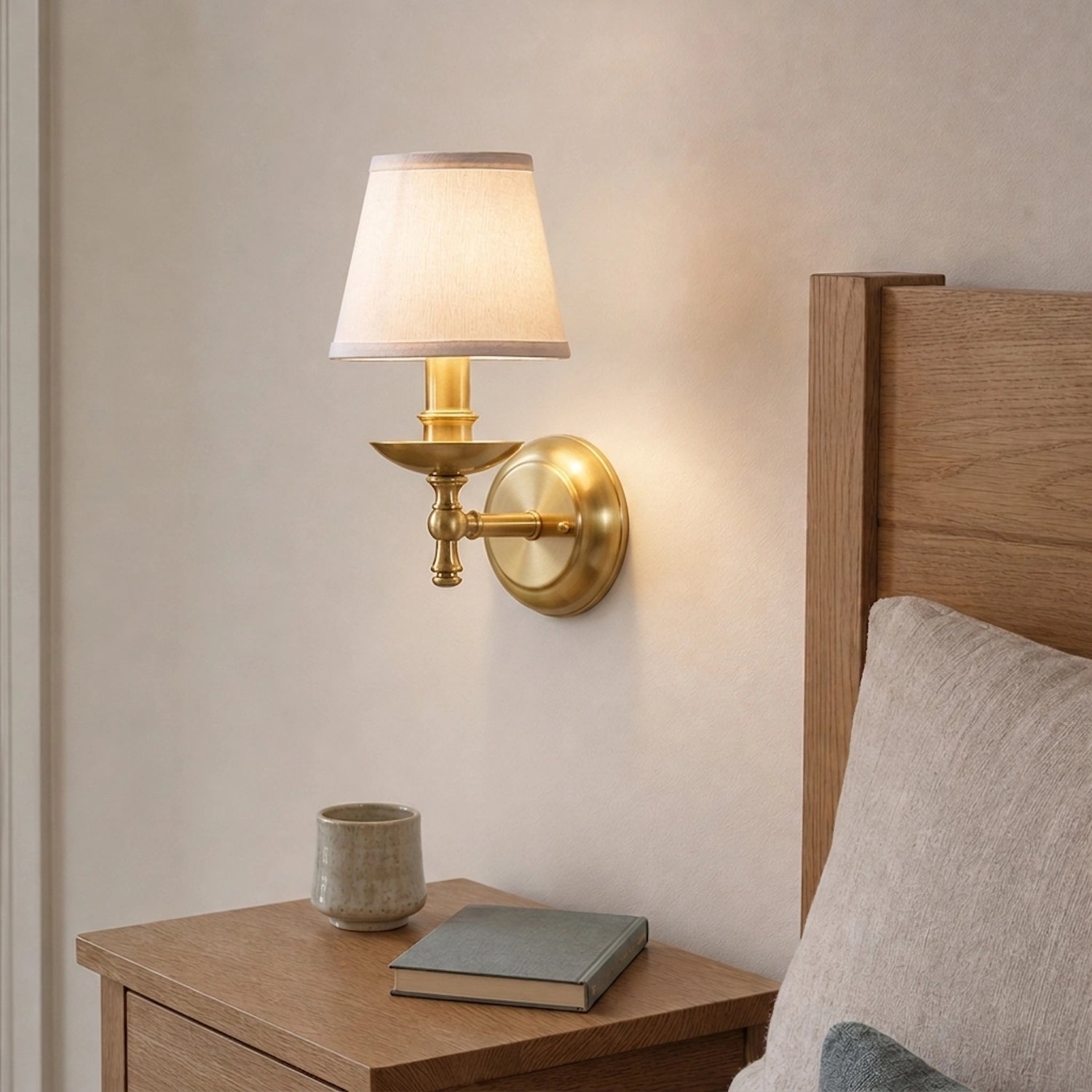Classic Solid Brass Wall Sconce with White Fabric Shade